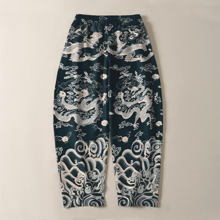 Buddha Stones Pure Cotton Dragon Wave Pattern Drawstring Men's Tapered Pants With Pockets - image 14