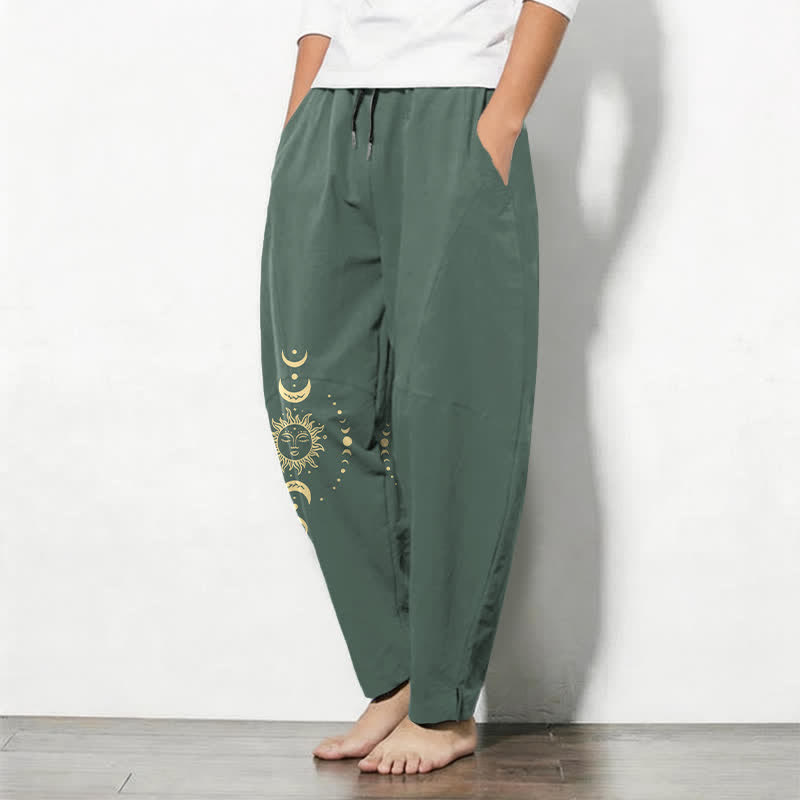 Buddha Stones Pure Cotton Celestial Sun Moon Pattern Drawstring Men's Tapered Pants With Pockets - image 1