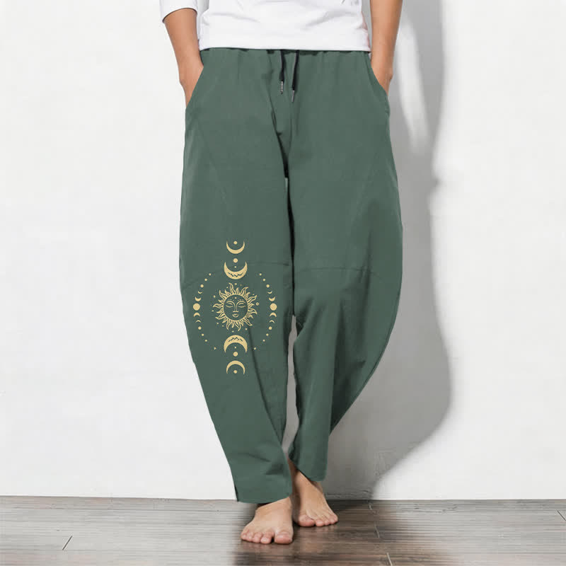 Buddha Stones Pure Cotton Celestial Sun Moon Pattern Drawstring Men's Tapered Pants With Pockets - SeaGreen - US/UK/AU50，EU60 (5XL) - image 0
