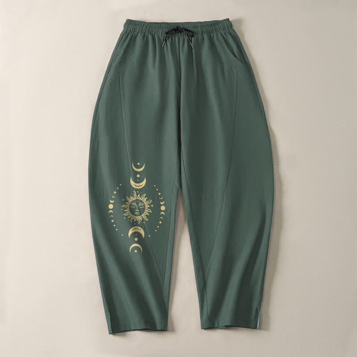 Buddha Stones Pure Cotton Celestial Sun Moon Pattern Drawstring Men's Tapered Pants With Pockets - image 2