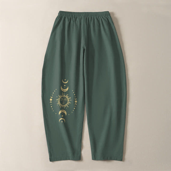 Buddha Stones Pure Cotton Celestial Sun Moon Pattern Drawstring Men's Tapered Pants With Pockets - image 3
