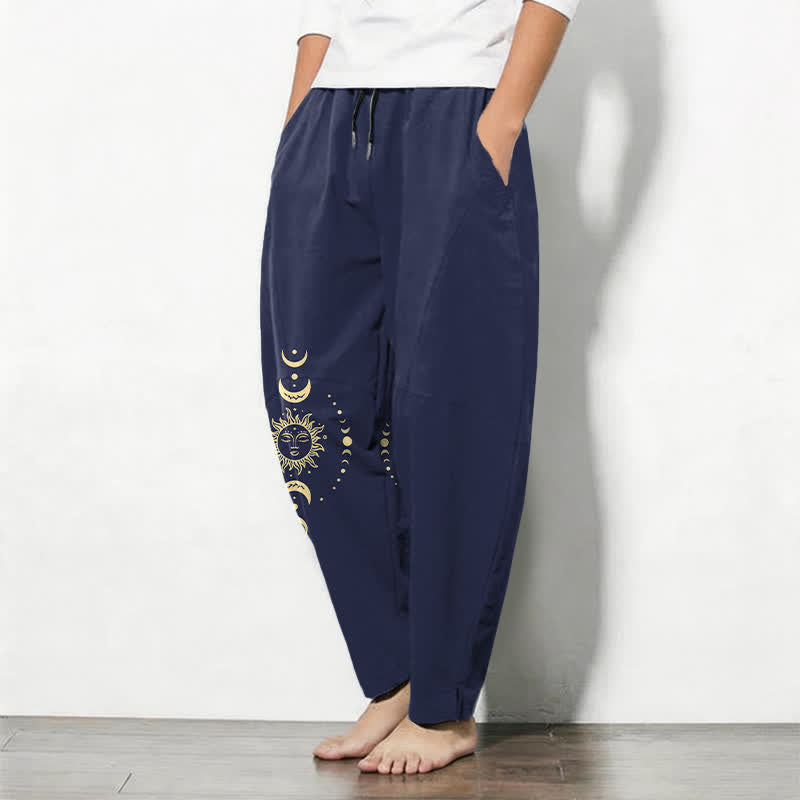 Buddha Stones Pure Cotton Celestial Sun Moon Pattern Drawstring Men's Tapered Pants With Pockets - image 8