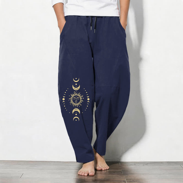 Buddha Stones Pure Cotton Celestial Sun Moon Pattern Drawstring Men's Tapered Pants With Pockets - Navy - US/UK/AU50，EU60 (5XL) - image 7