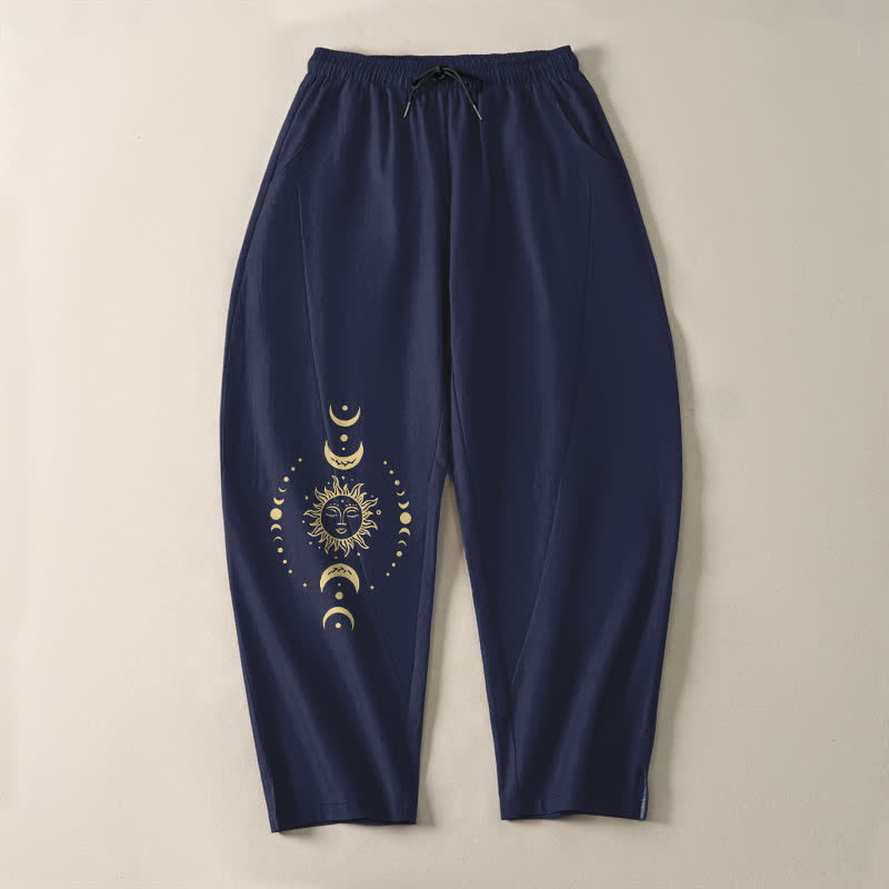 Buddha Stones Pure Cotton Celestial Sun Moon Pattern Drawstring Men's Tapered Pants With Pockets - image 9