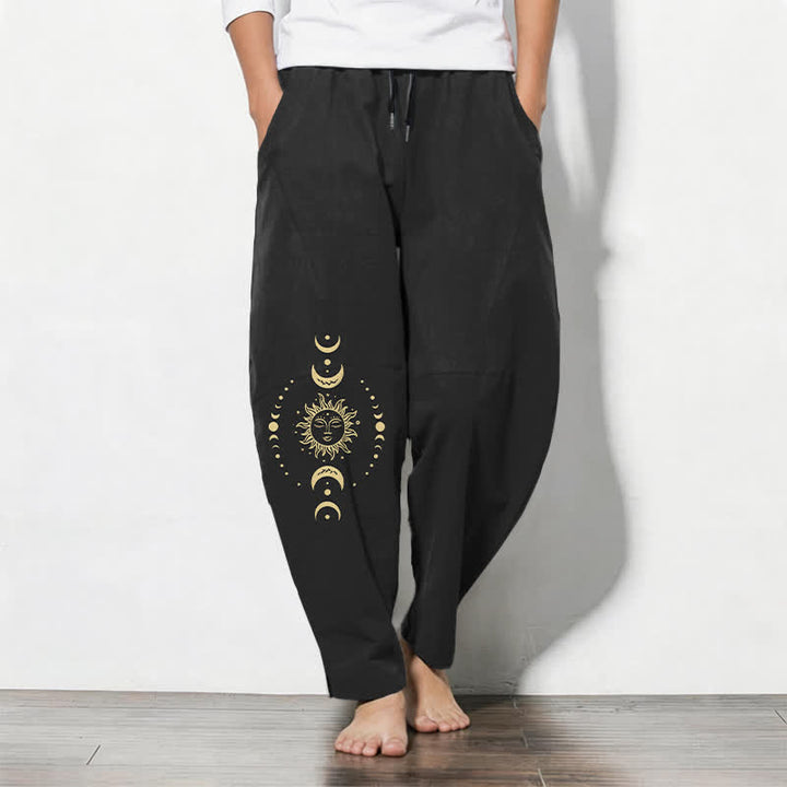 Buddha Stones Pure Cotton Celestial Sun Moon Pattern Drawstring Men's Tapered Pants With Pockets - Black - US/UK/AU50，EU60 (5XL) - image 11