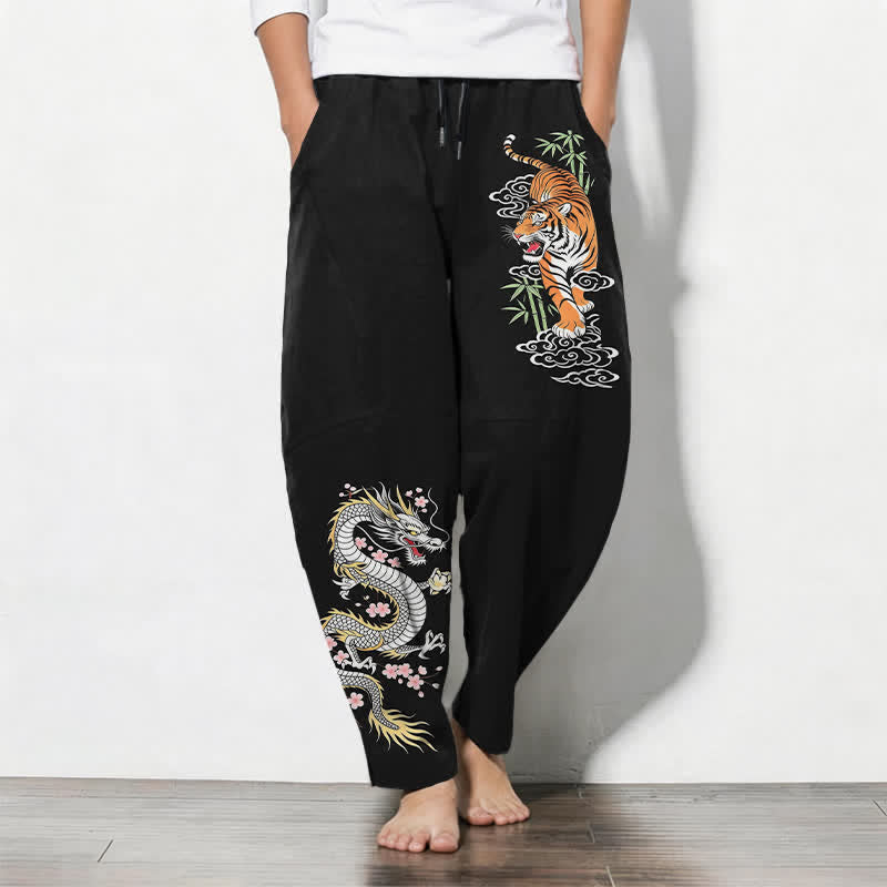 Buddha Stones Pure Cotton Tiger Dragon Pattern Drawstring Men's Tapered Pants With Pockets - Black - US/UK/AU50，EU60 (5XL) - image 0