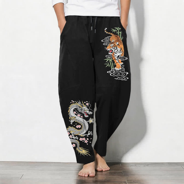Buddha Stones Pure Cotton Tiger Dragon Pattern Drawstring Men's Tapered Pants With Pockets - Black - US/UK/AU50，EU60 (5XL) - image 0