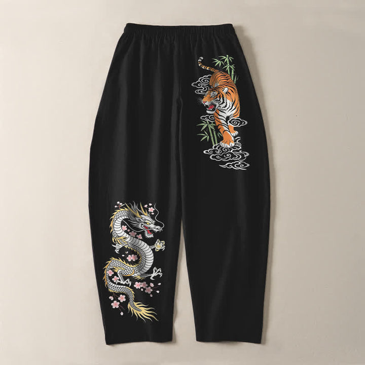 Buddha Stones Pure Cotton Tiger Dragon Pattern Drawstring Men's Tapered Pants With Pockets - image 3