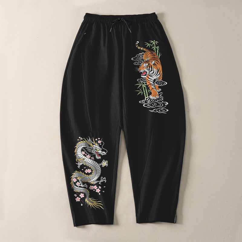 Buddha Stones Pure Cotton Tiger Dragon Pattern Drawstring Men's Tapered Pants With Pockets - image 2