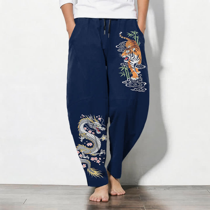 Buddha Stones Pure Cotton Tiger Dragon Pattern Drawstring Men's Tapered Pants With Pockets - Navy - US/UK/AU50，EU60 (5XL) - image 7