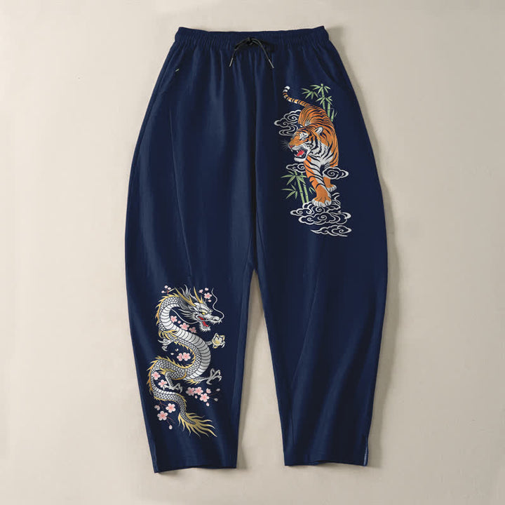 Buddha Stones Pure Cotton Tiger Dragon Pattern Drawstring Men's Tapered Pants With Pockets - image 9