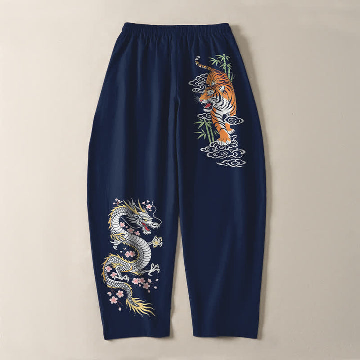 Buddha Stones Pure Cotton Tiger Dragon Pattern Drawstring Men's Tapered Pants With Pockets - image 10