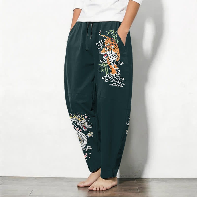 Buddha Stones Pure Cotton Tiger Dragon Pattern Drawstring Men's Tapered Pants With Pockets - image 12