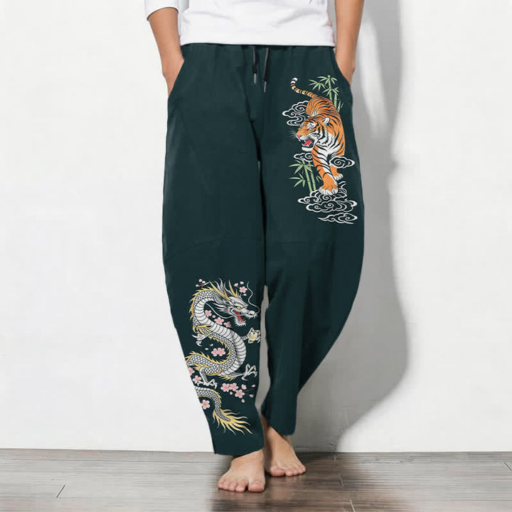 Buddha Stones Pure Cotton Tiger Dragon Pattern Drawstring Men's Tapered Pants With Pockets - DarkSlateGray - US/UK/AU50，EU60 (5XL) - image 11