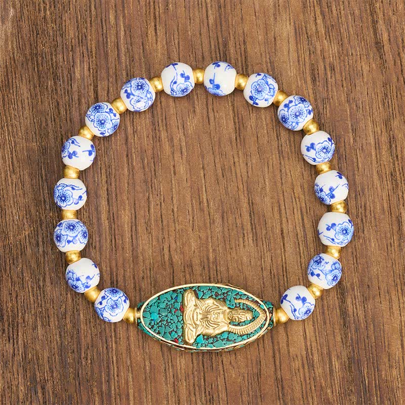Buddha Stones White Porcelain Buddha Blue Floral Round Beads Serenity Bracelet - image 1
