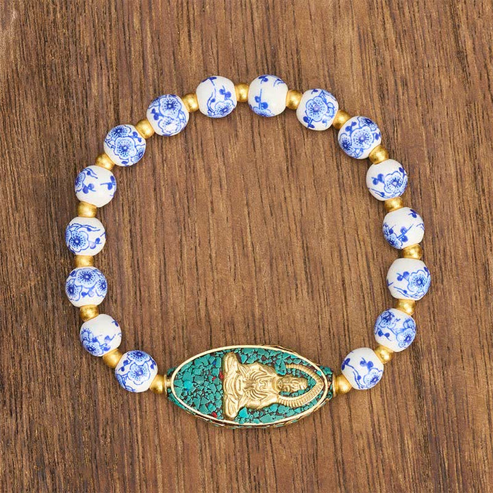 Buddha Stones White Porcelain Buddha Blue Floral Round Beads Serenity Bracelet - image 1