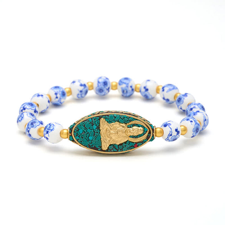 Buddha Stones White Porcelain Buddha Blue Floral Round Beads Serenity Bracelet - image 4