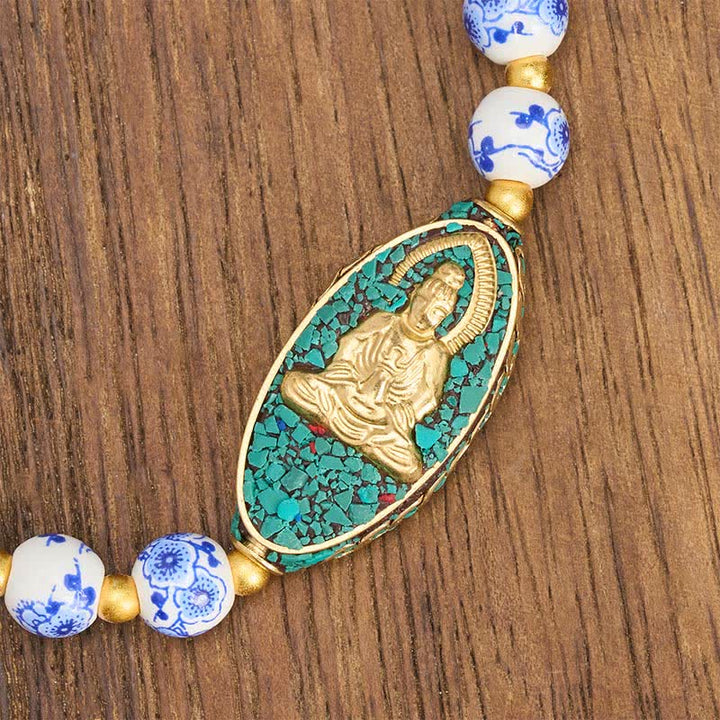 Buddha Stones White Porcelain Buddha Blue Floral Round Beads Serenity Bracelet - image 3