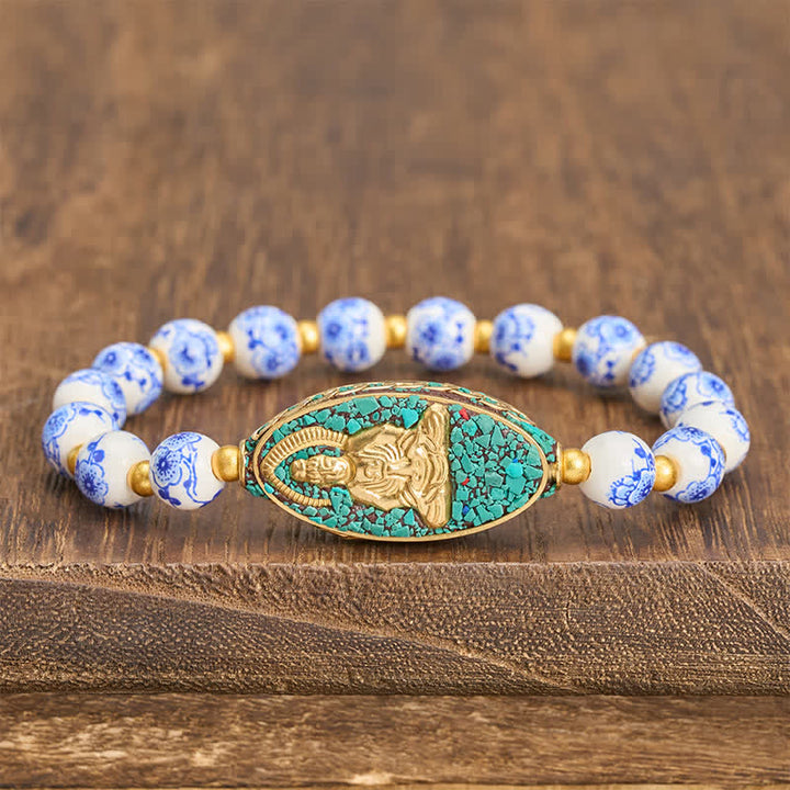 Buddha Stones White Porcelain Buddha Blue Floral Round Beads Serenity Bracelet - White Porcelain(Purity ♥ Elegance) - image 0