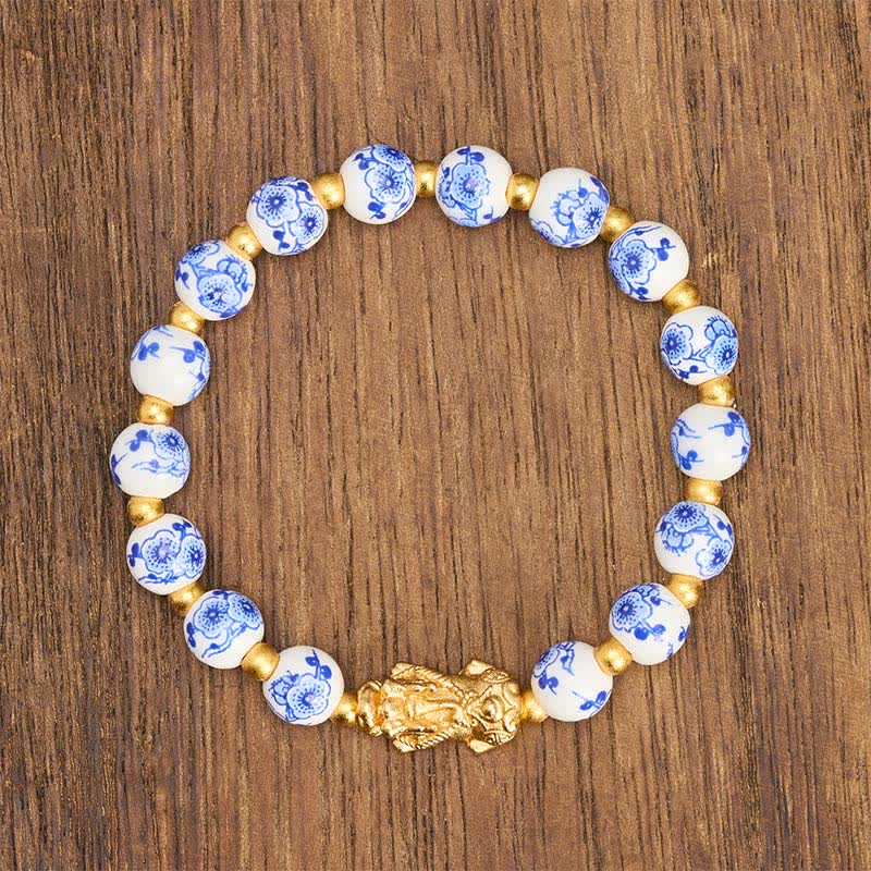 Buddha Stones White Porcelain PiXiu Blue Floral Beads Auspicioisness Bracelet - image 1