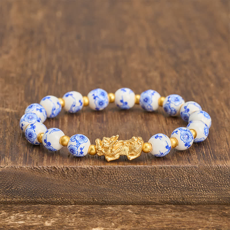 Buddha Stones White Porcelain PiXiu Blue Floral Beads Auspicioisness Bracelet - White Porcelain(Purity ♥ Elegance) - image 0