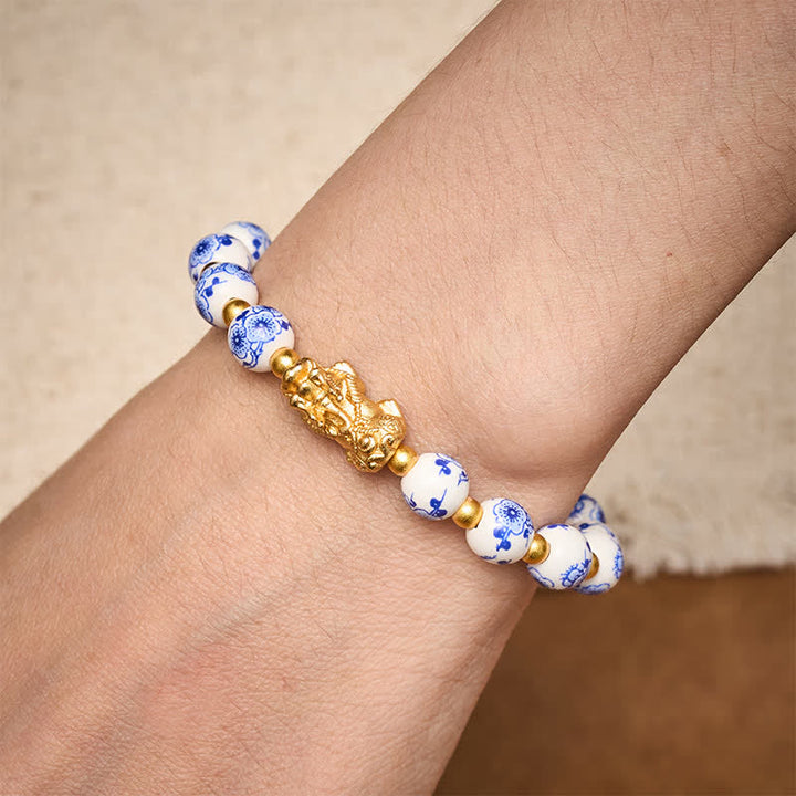 Buddha Stones White Porcelain PiXiu Blue Floral Beads Auspicioisness Bracelet - image 3
