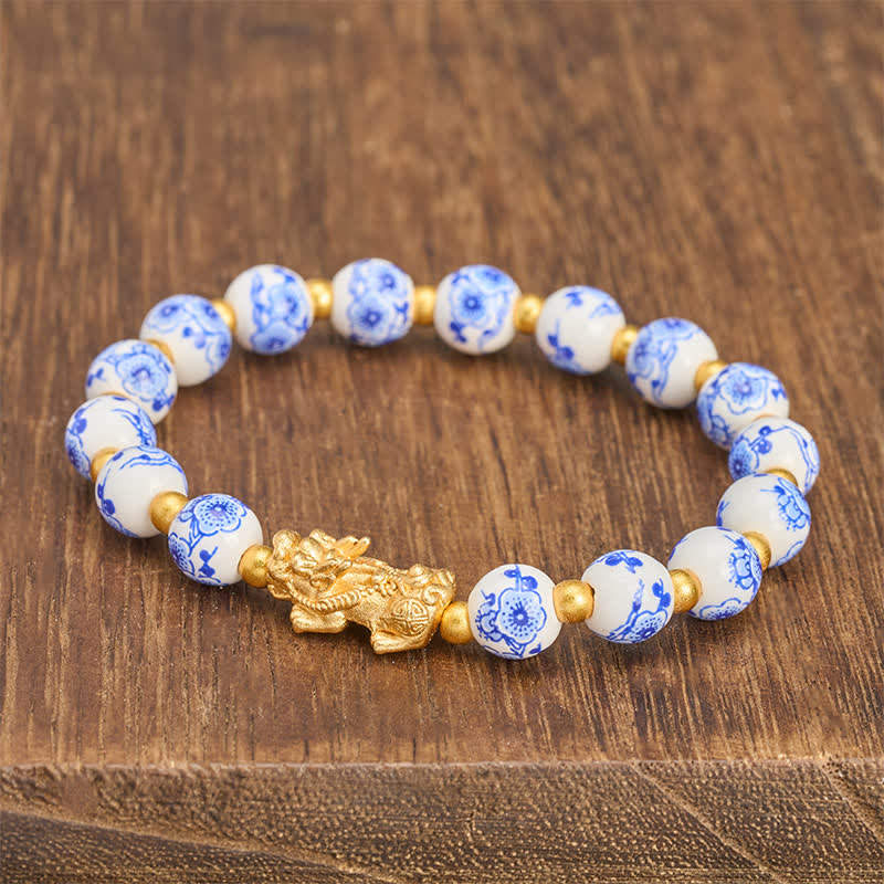 Buddha Stones White Porcelain PiXiu Blue Floral Beads Auspicioisness Bracelet - image 2
