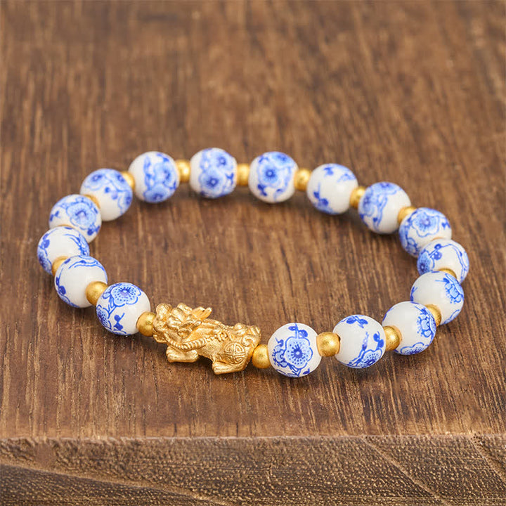 Buddha Stones White Porcelain PiXiu Blue Floral Beads Auspicioisness Bracelet - image 2