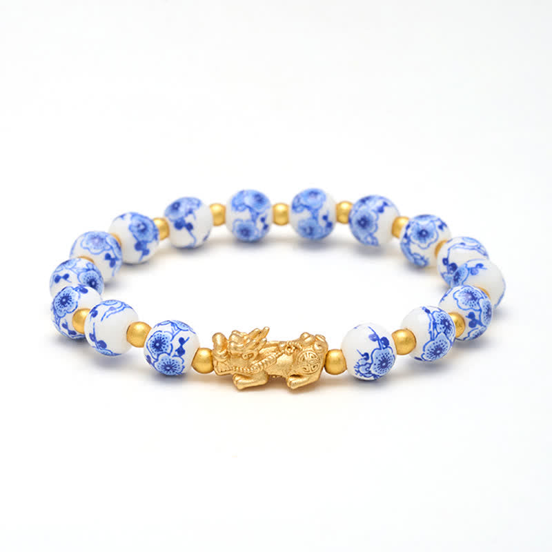 Buddha Stones White Porcelain PiXiu Blue Floral Beads Auspicioisness Bracelet - image 9