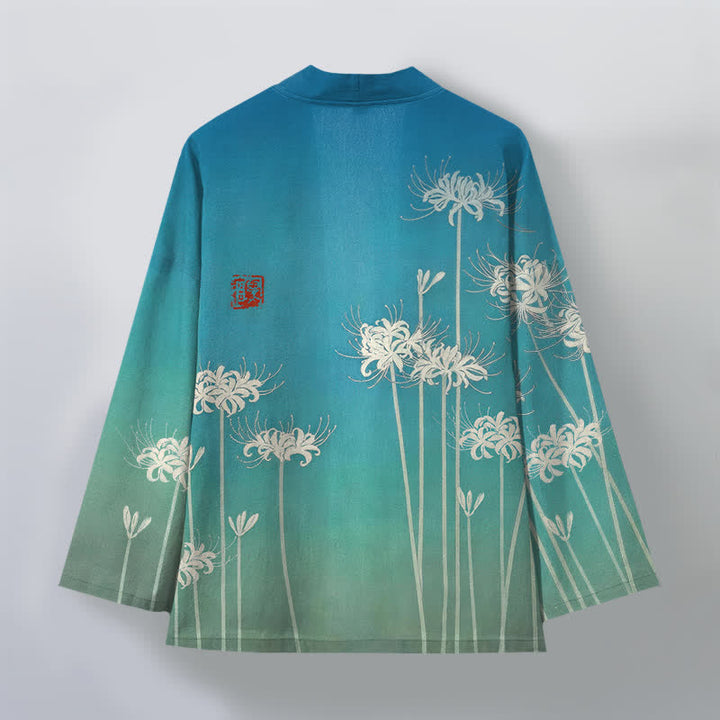 Buddha Stones Cotton White Spider Lily Pattern Open Front Men's Kimono - image 2