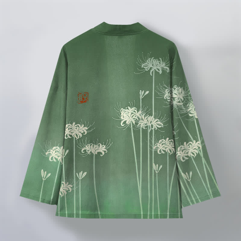 Buddha Stones Cotton White Spider Lily Pattern Open Front Men's Kimono - image 8