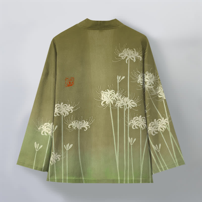 Buddha Stones Cotton White Spider Lily Pattern Open Front Men's Kimono - image 11