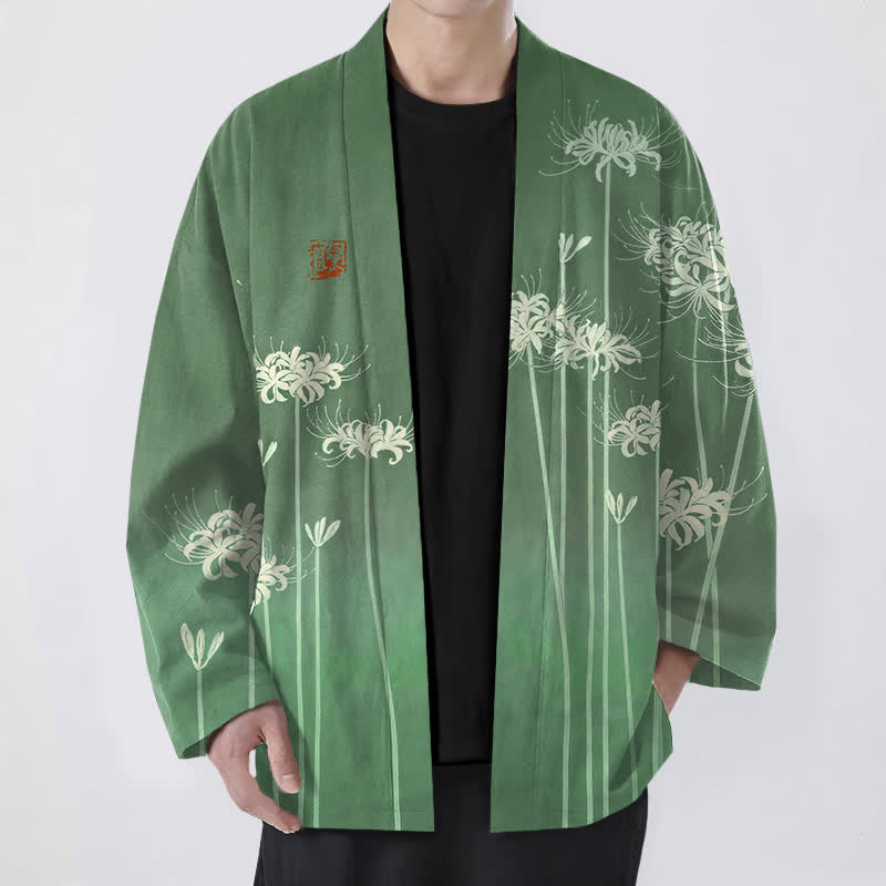 Buddha Stones Cotton White Spider Lily Pattern Open Front Men's Kimono - ForestGreen - US/UK/AU48，EU58 (4XL) - image 6