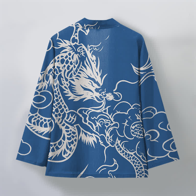 Buddha Stones Cotton White Dragon and Cloud Pattern Open Front Men's Kimono - image 2
