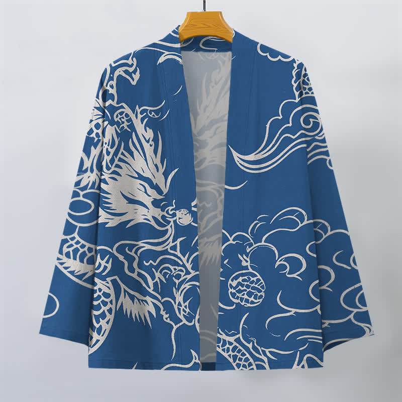 Buddha Stones Cotton White Dragon and Cloud Pattern Open Front Men's Kimono - image 1
