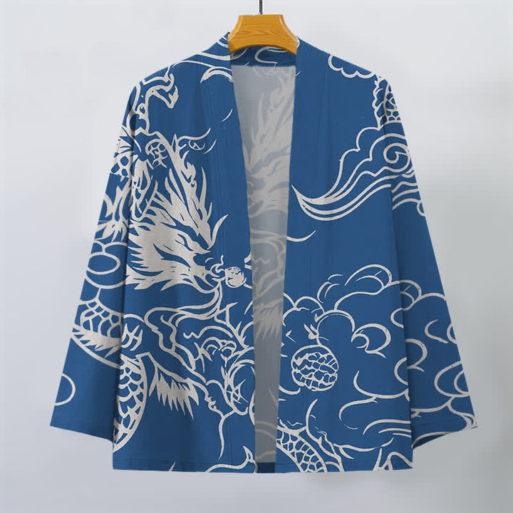 Buddha Stones Cotton White Dragon and Cloud Pattern Open Front Men's Kimono - image 1
