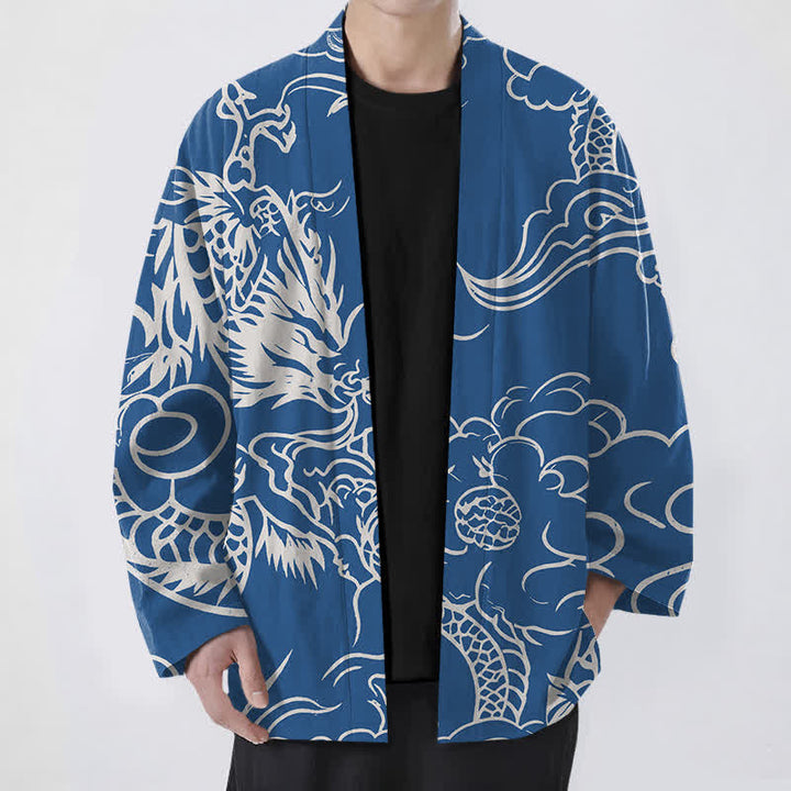 Buddha Stones Cotton White Dragon and Cloud Pattern Open Front Men's Kimono - RoyalBlue - US/UK/AU48，EU58 (4XL) - image 0