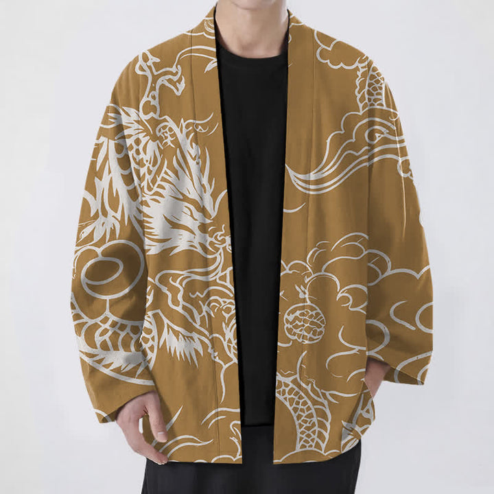 Buddha Stones Cotton White Dragon and Cloud Pattern Open Front Men's Kimono - Goldenrod - US/UK/AU48，EU58 (4XL) - image 6