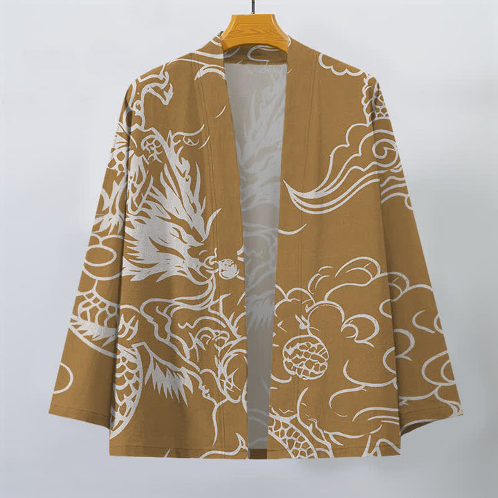 Buddha Stones Cotton White Dragon and Cloud Pattern Open Front Men's Kimono - image 7