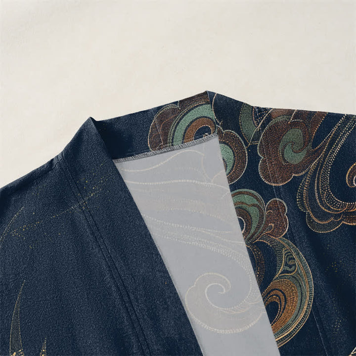 Buddha Stones Cotton Golden Crane Clouds Pattern Open Front Men's Kimono - image 3