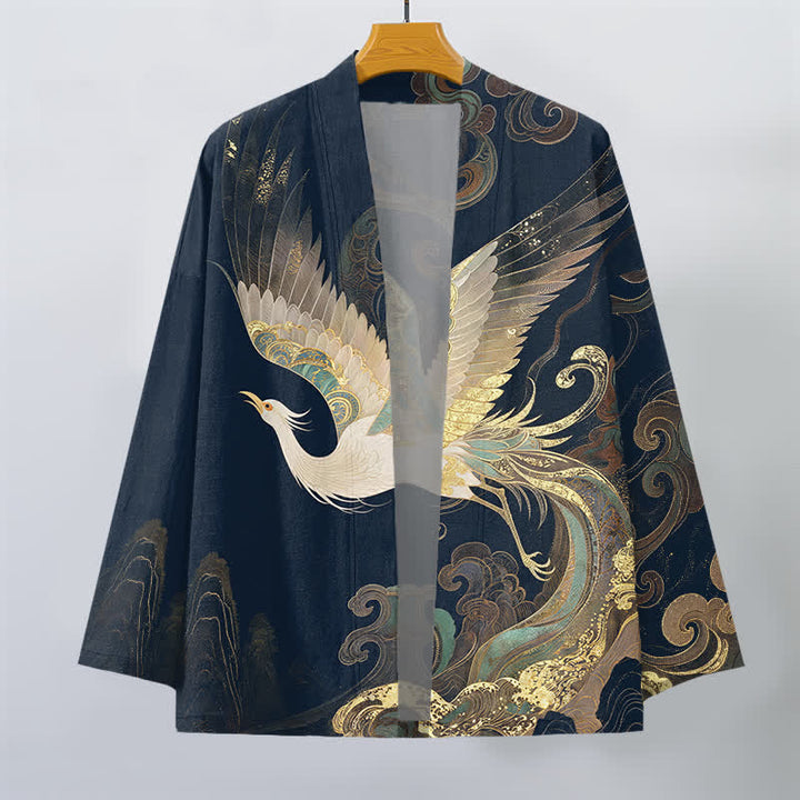 Buddha Stones Cotton Golden Crane Clouds Pattern Open Front Men's Kimono - image 1