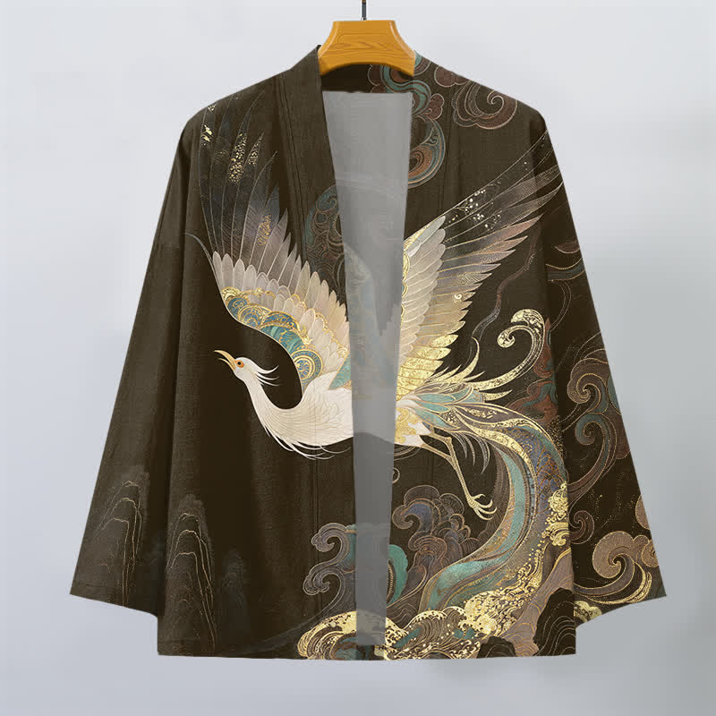 Buddha Stones Cotton Golden Crane Clouds Pattern Open Front Men's Kimono - image 7
