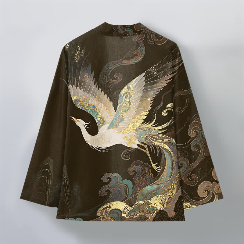 Buddha Stones Cotton Golden Crane Clouds Pattern Open Front Men's Kimono - image 8