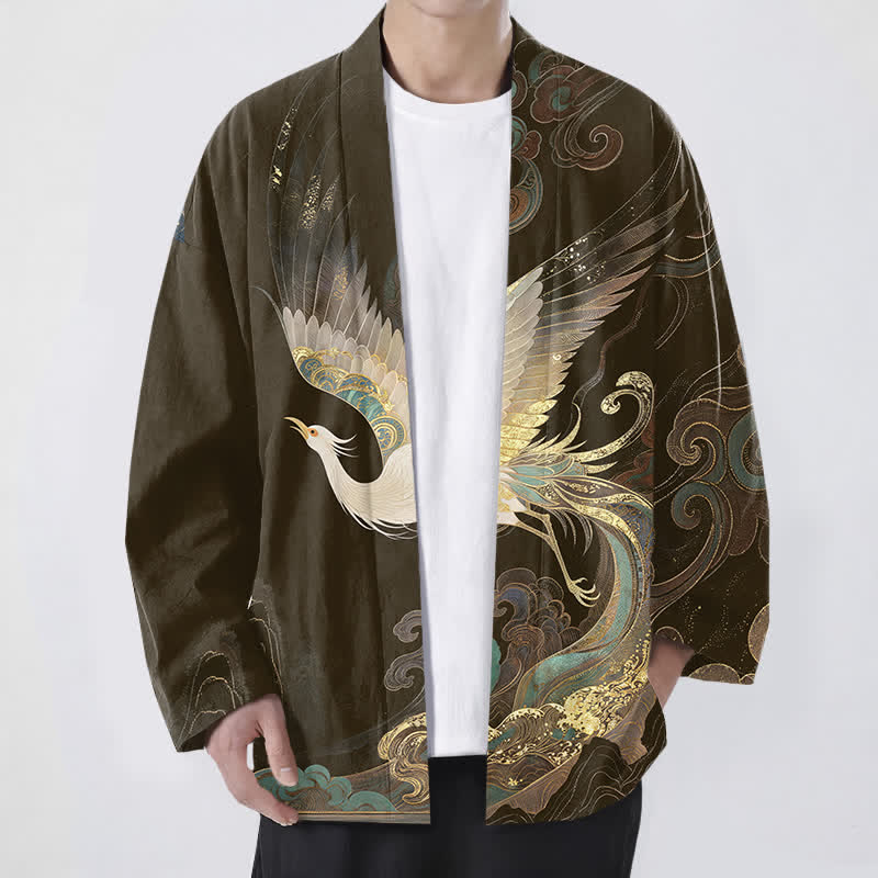 Buddha Stones Cotton Golden Crane Clouds Pattern Open Front Men's Kimono - SaddleBrown - US/UK/AU48，EU58 (4XL) - image 6