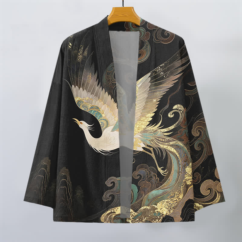 Buddha Stones Cotton Golden Crane Clouds Pattern Open Front Men's Kimono - image 10