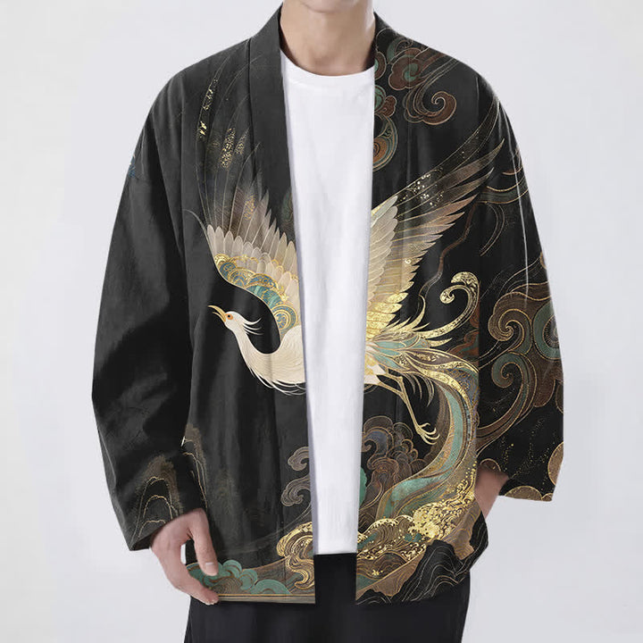 Buddha Stones Cotton Golden Crane Clouds Pattern Open Front Men's Kimono - Black - US/UK/AU48，EU58 (4XL) - image 9