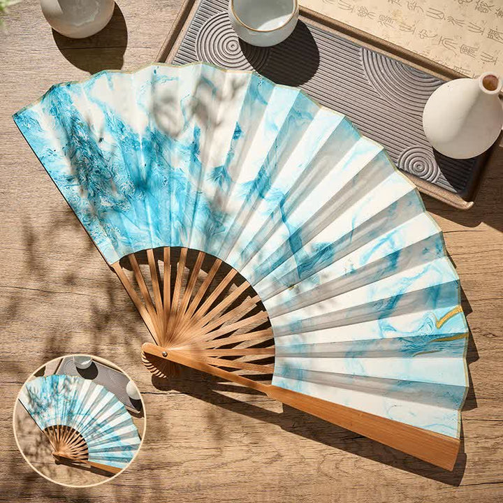 Buddha Stones Blue Gold Lacquer Floating Pattern Ink Bamboo Paper Folding Fan - 10-Inch Folding Fan Blue Gold - Closed Size: Approx. 33 cm /13.0 in - image 0