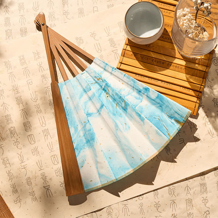 Buddha Stones Blue Gold Lacquer Floating Pattern Ink Bamboo Paper Folding Fan - image 4