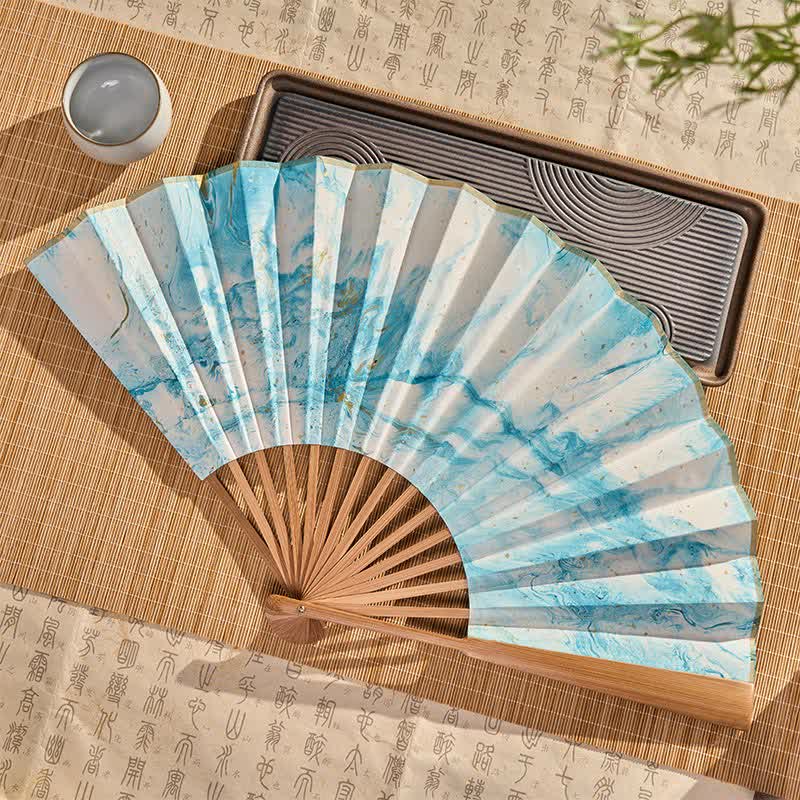 Buddha Stones Blue Gold Lacquer Floating Pattern Ink Bamboo Paper Folding Fan - image 2