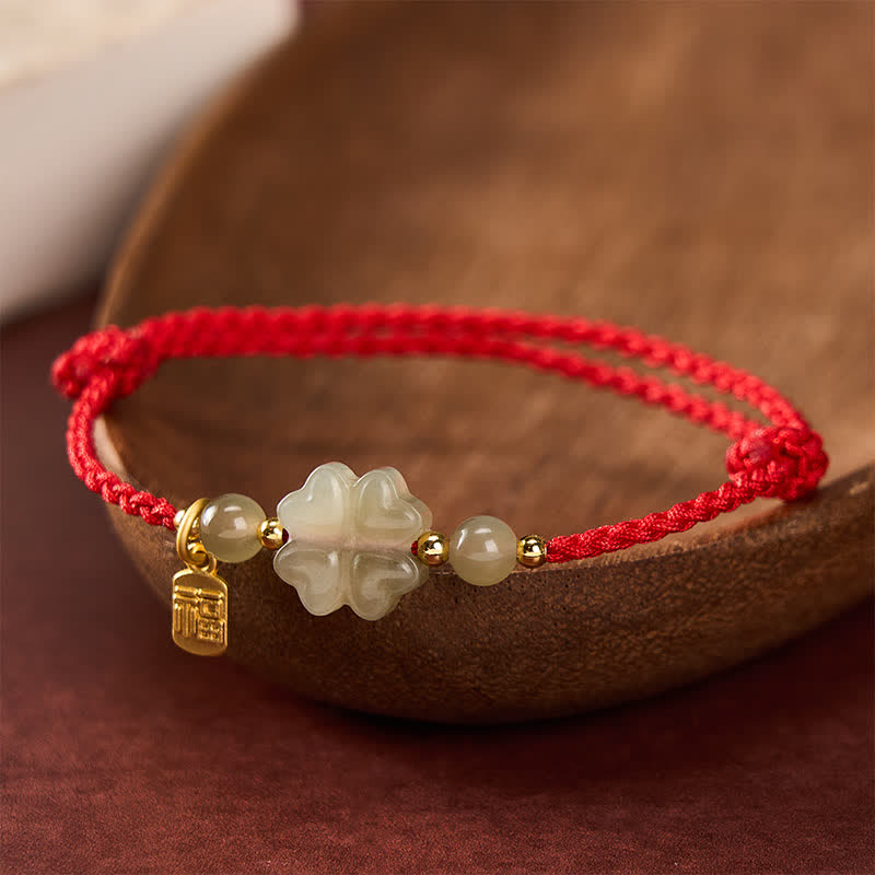 Buddha Stones Natural Hetian Jade Four-leaf Clover Fu Character Luck Red String Bracelet - image 3